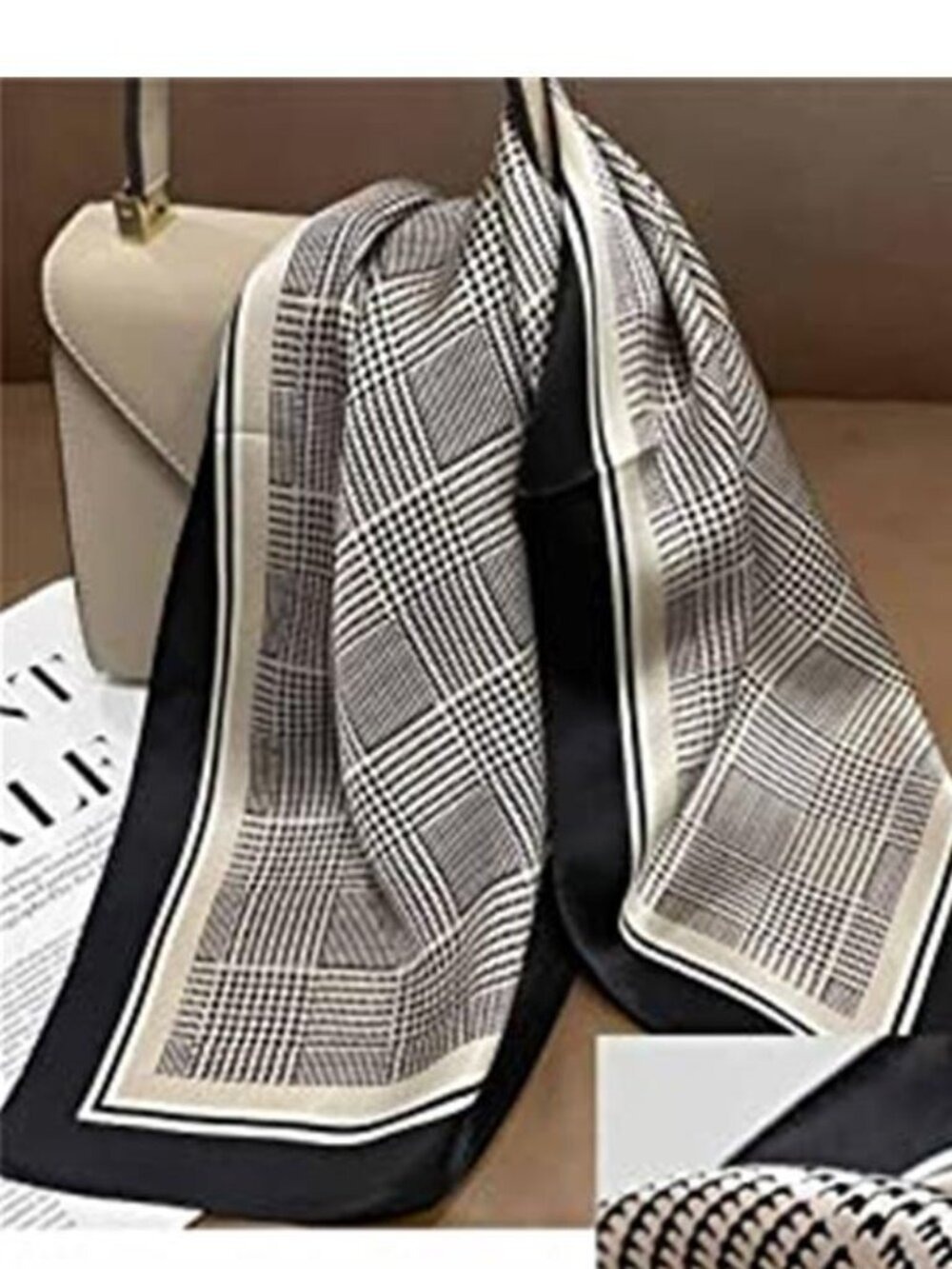 27.5" Mulberry Silk Feeling Black and White Scarf Square Neck Satin Scarf